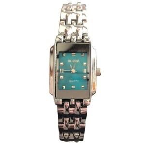Rosra Quartz Watch Silver Tone Rectangular Teal Blue Dial Link Bracelet